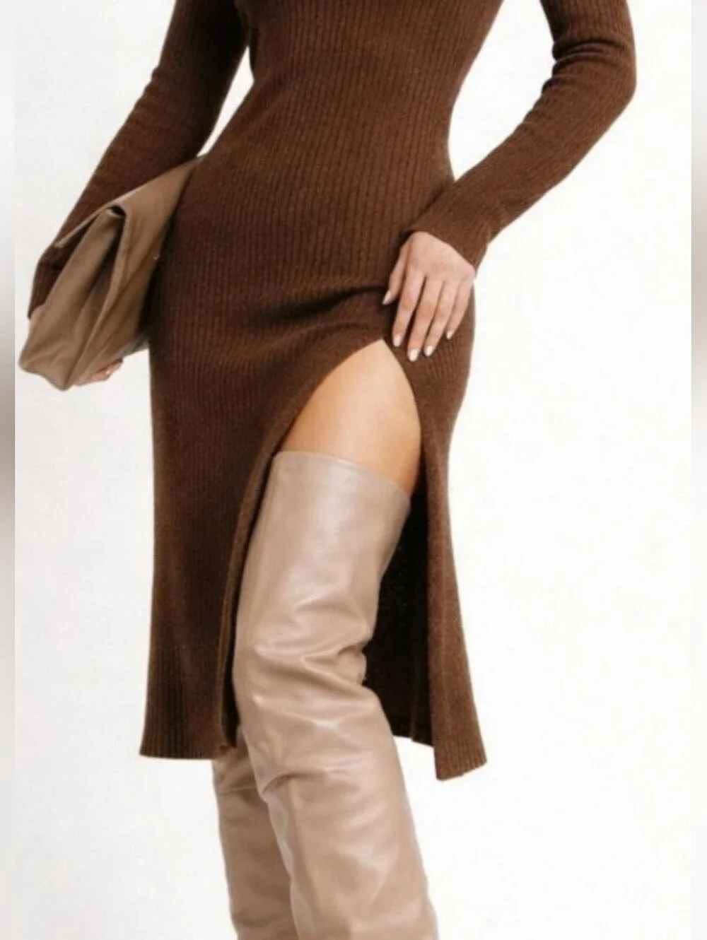 NEW Gia Borghini x RHW Rosie 10 Leather Thigh-High Boots TAN BEIGE Platform